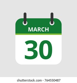 Flat icon calendar 30th of March isolated on gray background. Vector illustration.