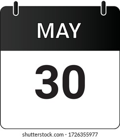 Flat icon calendar 30th of May indicated with white & black. Vector illustration.