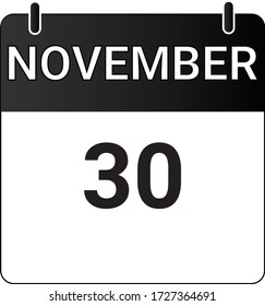 Flat icon calendar 30th of November indicated with white & black. Vector illustration.