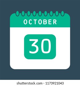 Flat icon calendar 30th of October isolated on blue background. Vector illustration.