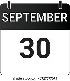 Calendario de iconos planos 30 de septiembre indicado con blanco y negro. Ilustración vectorial.