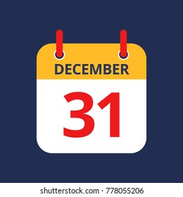 Flat icon calendar 31th of December isolated on blue background. Vector illustration.