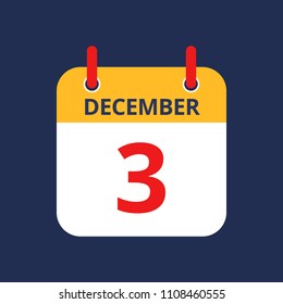 Flat icon calendar 3rd of December isolated on blue background. Vector illustration.