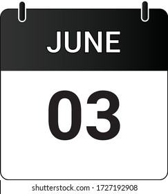 Flat icon calendar 3rd of June indicated with white & black. Vector illustration.