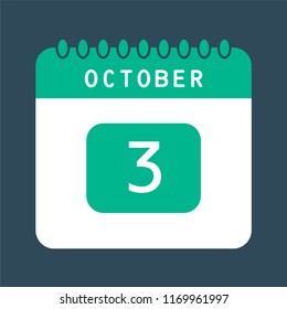 Flat icon calendar 3rd of October isolated on blue background. Vector illustration. 
