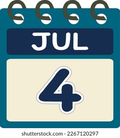 Calendario de icono plano 4 de julio. Fecha, día y mes. Ilustración del vector. Banner azul de color verde teal. 4 de julio de 2014.