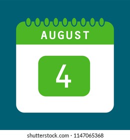 Flat icon calendar 4th of August isolated on blue background. Vector illustration.