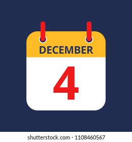 Flat icon calendar 4th of December isolated on blue background. Vector illustration.