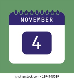 Flat icon calendar 4th of November isolated on green background. Vector illustration.