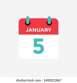 Flat icon calendar 5 January. Date, day and month. Vector illustration.