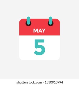 Flat icon calendar 5 of May. Date, day and month. Vector illustration.