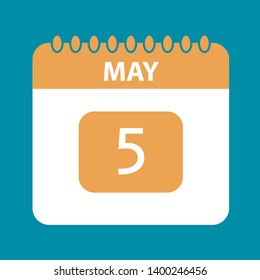 Flat icon calendar 5th of May isolated on blue background. Vector illustration.