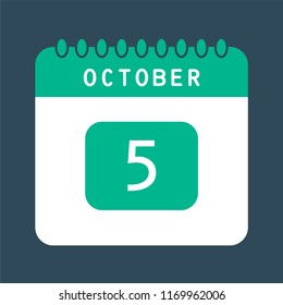 Flat icon calendar 5th of October isolated on blue background. Vector illustration. 