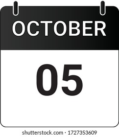 Flat icon calendar 5th of October indicated with white & black. Vector illustration.