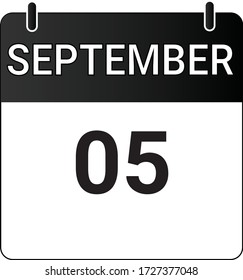 Flat icon calendar 5th of September indicated with white & black. Vector illustration.