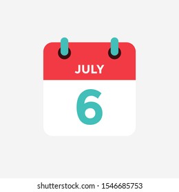 Flat icon calendar 6 of July. Date, day and month. Vector illustration.