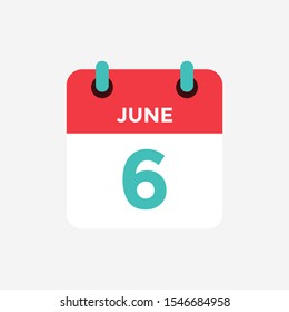 Flat icon calendar 6 of June. Vector illustration.