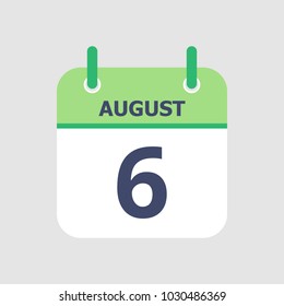 Flat icon calendar 6th of August isolated on gray background. Vector illustration.