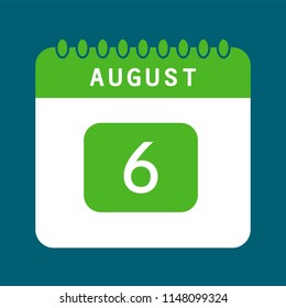 Flat icon calendar 6th of August isolated on blue background. Vector illustration.