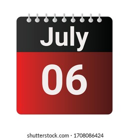 Flat icon calendar 6th of July indicated with red & black. Vector illustration.