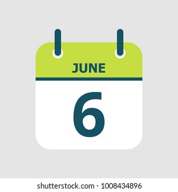 Flat icon calendar 6th of June isolated on gray background. Vector illustration.
