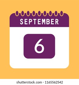 Flat icon calendar 6th of September isolated on orange background. Vector illustration.