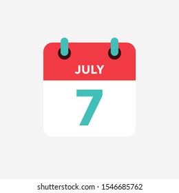 Flat icon calendar 7 of July. Date, day and month. Vector illustration.