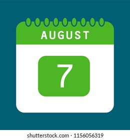 Flat icon calendar 7th of August isolated non blue background. Vector illustration.
