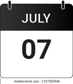 Calendario de icono plano 7 de julio indicado con blanco y negro. Ilustración vectorial.