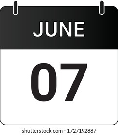 Calendario plano de icono 7 de junio indicado con blanco y negro. Ilustración vectorial.