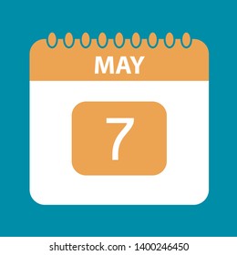 Flat icon calendar 7th of May isolated on blue background. Vector illustration.