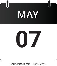 Flat icon calendar 7th of May indicated with white & black. Vector illustration.