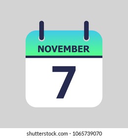 Flat icon calendar 7th of November isolated on gray background. Vector illustration.