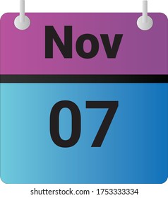Flat Icon Kalender 7. November angezeigt mit violett, blau und schwarz. Vektorgrafik.