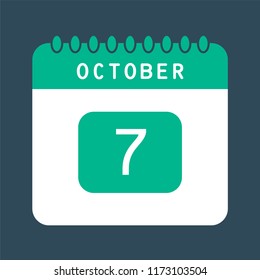 Flat icon calendar 7th of October isolated on blue background. Vector illustration.