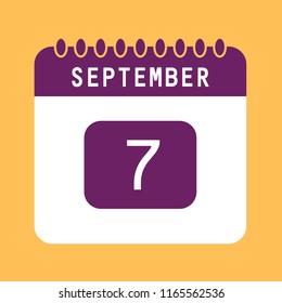 Flat icon calendar 7th of September isolated on orange background. Vector illustration.