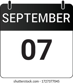 Calendario plano de icono 7 de septiembre indicado con blanco y negro. Ilustración vectorial.