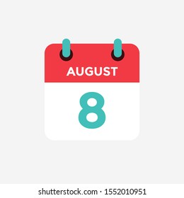 Flat icon calendar 8 of August. Date, day and month. Vector illustration.