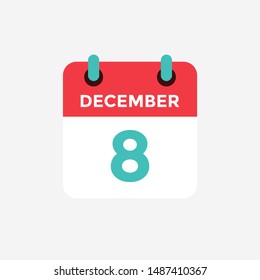 Flat icon calendar 8 December. Date, day and month. Vector illustration.