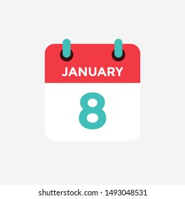 Flat icon calendar 8 January. Date, day and month. Vector illustration.