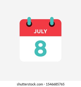 Flat icon calendar 8 of July. Date, day and month. Vector illustration.