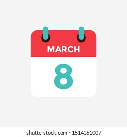 Flat icon calendar 8 of March. Date, day and month. Vector illustration.