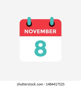 Flat icon calendar 8 November. Date, day and month. Vector illustration.