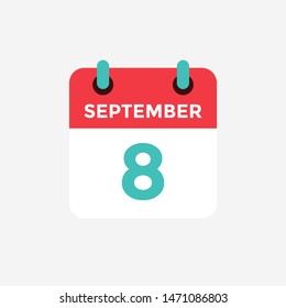 Flat icon calendar, 8 September. Date, day and month. Vector illustration.