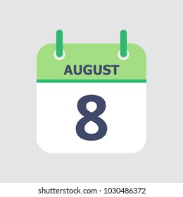 Flat icon calendar 8th of August isolated on gray background. Vector illustration.
