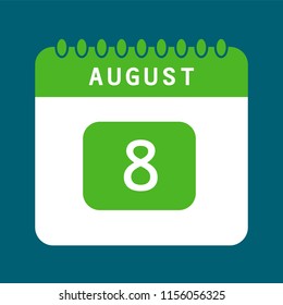 Flat icon calendar 8th of August isolated non blue background. Vector illustration.