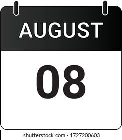 Calendario de iconos planos 8 de agosto indicado con blanco y negro. Ilustración vectorial.