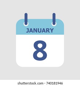 Flat icon calendar 8th of January isolated on gray background. Vector illustration.