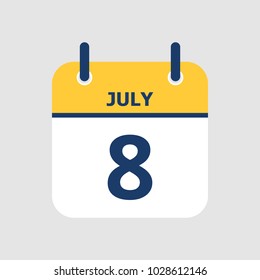 Flat icon calendar 8th of July isolated on gray background. Vector illustration.