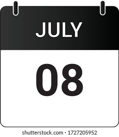 Flat icon calendar 8th of July indicated with white & black. Vector illustration.
